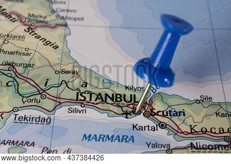 Istanbul, Turkey Pinned On Colorful Political Map. Geopolitical School Atlas.