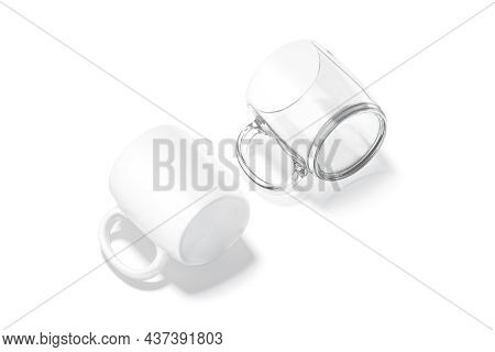 Blank Ceramic And Glass Barrel-shaped 11oz Mug Mockup Lying, Isolated, 3d Rendering. Empty Round Cas
