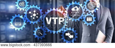 Vlan Trunking Protocol. Technology Networks Cocept. Blue Background