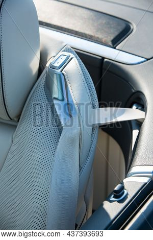 Dnepropetrovsk, Ukraine - 08.24.2021: Convertible Mercedes Benz Sl550 On The Road. Detailing. Belt F