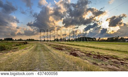 Agricultural Landscape Seen From Emergency Dike In Onlanden Near City Of Groningen, Netherlands