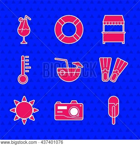 Set Coconut Cocktail, Photo Camera, Ice Cream, Rubber Flippers, Sun, Meteorology Thermometer, Street