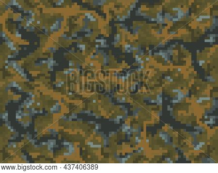 Khaki Camouflage Pixels For Game Cubic Background, Vector Pattern With Grass And Ground Blocks. 8bit