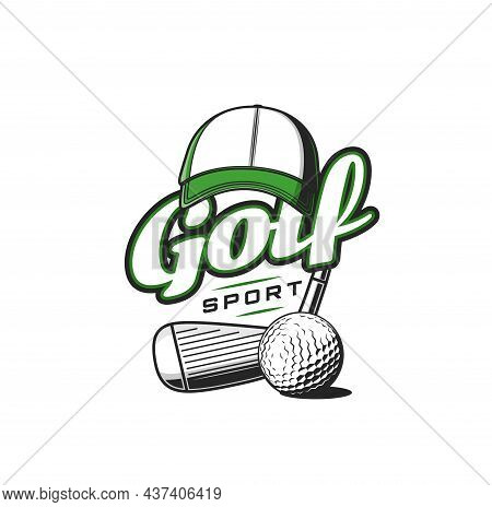 Golf Sport Icon With Cap And Iron Club. Golf Club, Sport League Tournament Or Championship Vector Re