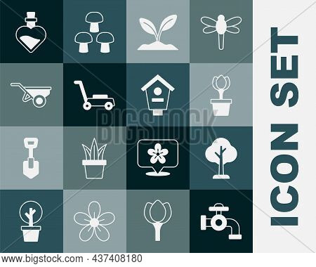 Set Water Tap, Forest, Flower Tulip In Pot, Sprout, Lawn Mower, Wheelbarrow With Dirt, Bottle Love P