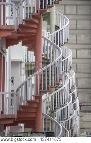 Singapore- 24oct, 2021: Close Up Of Colorful Pastel Spiral Staircases In Singapore. It Is A Popular 