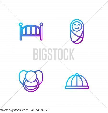 Set Line Baby Hat, Dummy Pacifier, Crib Cradle Bed And Newborn Baby Infant Swaddled. Gradient Color 