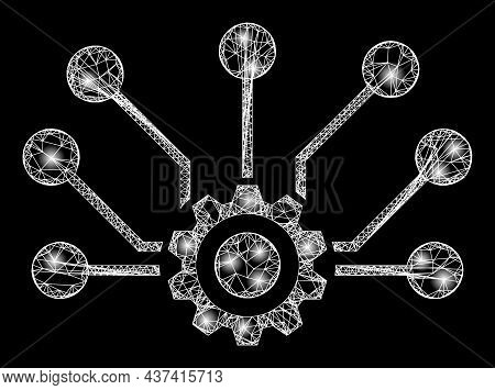 Glowing Crossing Mesh Gear Connections With Lightspots. Vector Frame Generated From Gear Connections