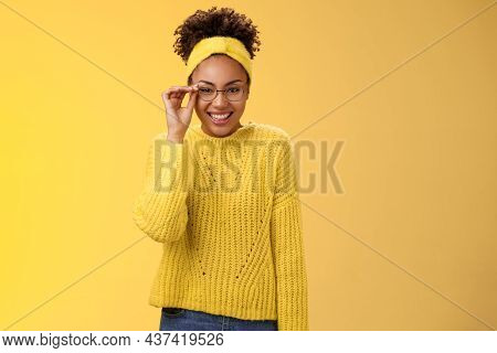 Cute Clever Best Student College Girl African-american Touch Glasses Nose Smiling Broadly Work Part-