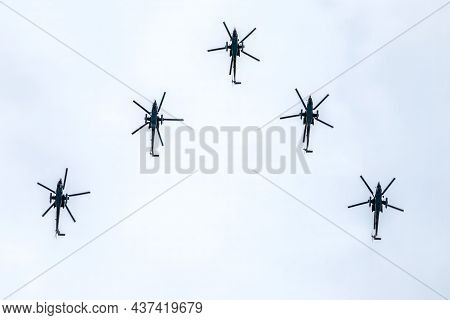 Moscow, Russia - May, 09, 2021: Mi-35m Attack Helicopters In The Sky Over Moscow During The Parade D