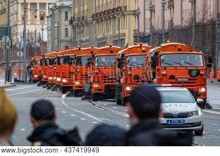 Moscow, Russia - May 5, 2021: A Column Of Sweeper Cars After The May 9 Parade In Moscow. The Street