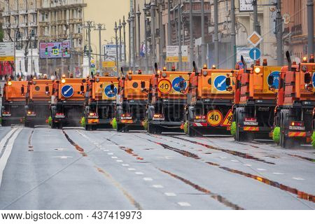 Moscow, Russia - May 5, 2021: A Column Of Sweeper Cars After The May 9 Parade In Moscow. The Street