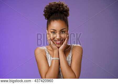Close-up Amused Tender Romantic African-american Woman In Stylish Glittering Silver Evening Dress To