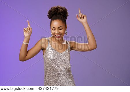 Good-looking Carefree African-american Girl Student Have Fun Prom Dancing Night Club Smiling Delight