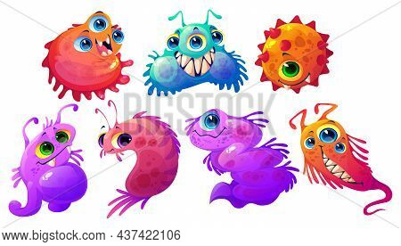 Cartoon Germs, Viruses, Microbes And Bacteria Vector Characters. Cute Germs With Funny Faces, Colorf