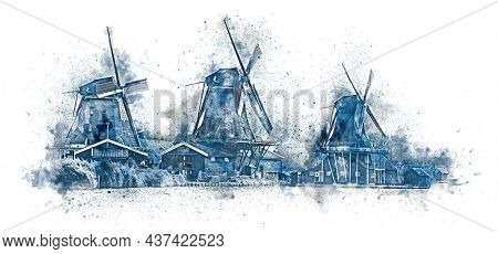 Watercolor art  of windmills in the style of the popular Delft blue painting. Popular painting of Holland. Art image on a white background. Holland, Europe. Based on a real photo.