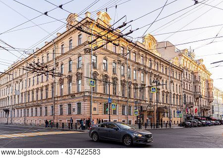 Saint Petersburg, Russia - September 17, 2017: Orange Building With Connecting Electrical Cable Wire