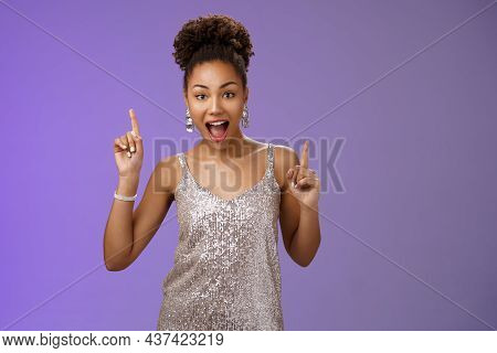 Lucky Beautiful African American Woman Having Fun Dancing Celebrating Good News Pointing Index Finge