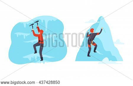 Man Character Engaged In Extreme Sport Climbing Mountain Vector Set