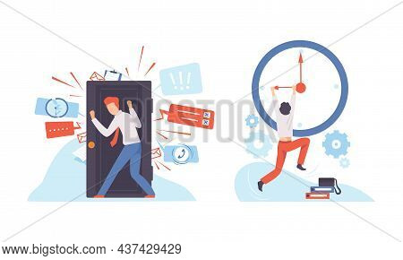 Man Leaning Door And Hanging On Hand Of Clock Failing Handling Deadline And Timeline Vector Set