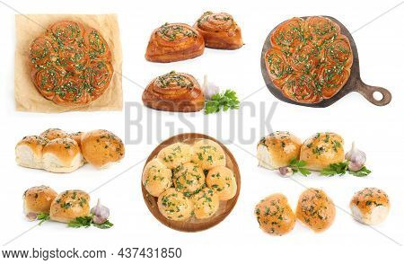 Traditional Ukrainian Buns (pampushky) On White Background, Collage