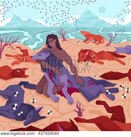 Flat Mowgli Composition With Mowgli Is Hugging The Body Of A Wolf And There Are Wolves And Flies All