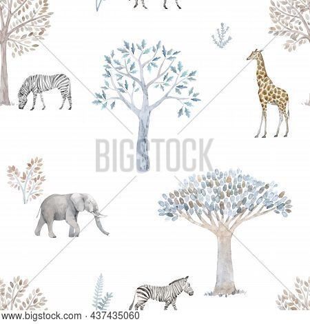 Beautiful Vector Seamless Pattern With Hand Drawn Watercolor Cute Trees And Safari Elephant Giraffe 