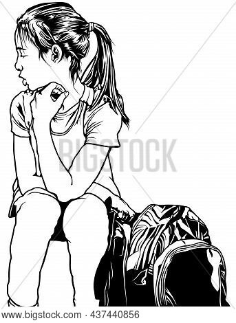 Sitting Young School Girl With Backpack On Ground - Black And White Drawing Illustration (back To Sc
