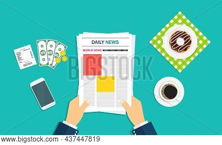 Newspaper In Hand. Man Hold In Hand And Read News Paper With Coffee And Donut On Breakfast. Person R