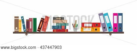 Book On Shelf. Bookshelf With Binder, Folder And Book. Library In Office, School And Bookstore. Shel