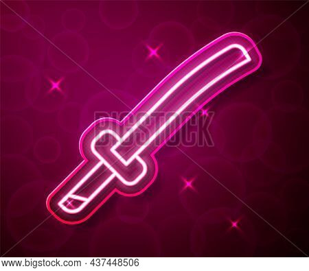 Glowing Neon Line Traditional Japanese Katana Icon Isolated On Red Background. Japanese Sword. Vecto