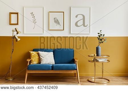 Unique Living Room In Modern Style Interior With Design Sofa, Elegant Gold Coffee Table, Mock Up Pos