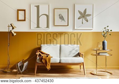 Unique Living Room In Modern Style Interior With Design Sofa, Elegant Gold Coffee Table, Mock Up Pos