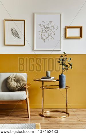Unique Living Room In Modern Style Interior With Design Sofa, Elegant Gold Coffee Table, Mock Up Pos