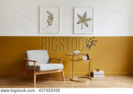 Unique Living Room In Modern Style Interior With Design Sofa, Elegant Gold Coffee Table, Mock Up Pos