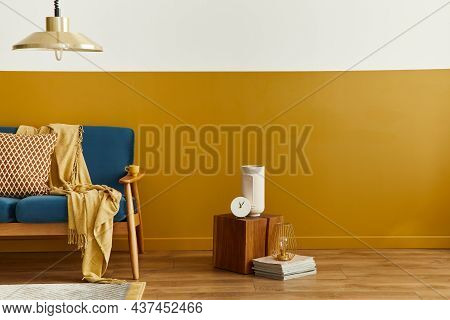 Unique Living Room In Modern Style Interior With Design Sofa, Elegant Gold Coffee Table, Mock Up Pos