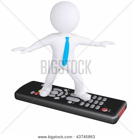 3D hvid mand stående på fjernbetjeningen