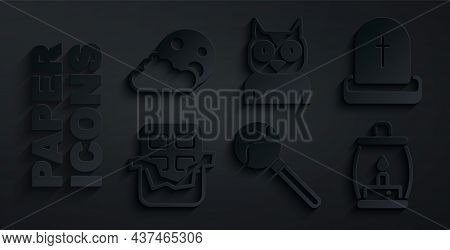 Set Lollipop, Tombstone With Rip Written, Chocolate Bar, Camping Lantern, Owl Bird And Moon And Star