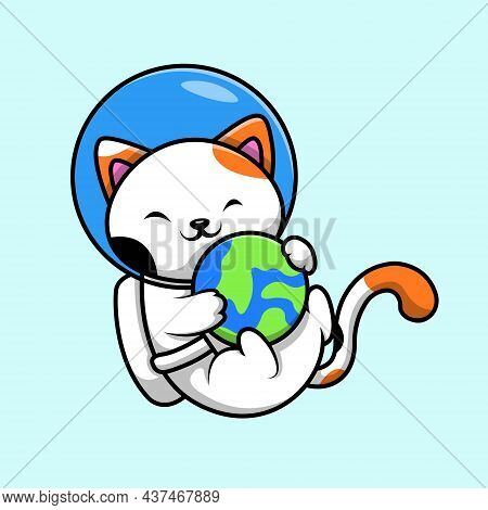 Cute Cat Astronaut Playing Planet Cartoon Vector Icon Illustration. Animal Science Icon Concept Isol