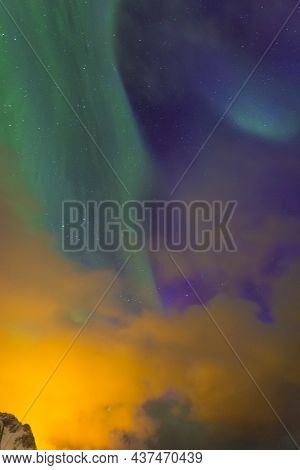 Magnificent Aurora Borealis Lights Also Known As Nother Lights Playing With  Colors At Lofoten Islan