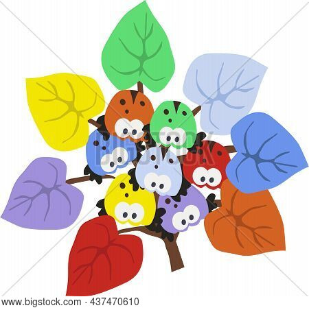 A Branch With Colorful Leaves And Beetles, A Children's Game Plant A Bug On A Leaf Of A Tree, Vector