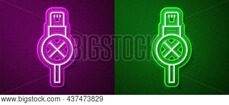 Glowing Neon Line No Usb Cable Cord Icon Isolated On Purple And Green Background. Connectors And Soc