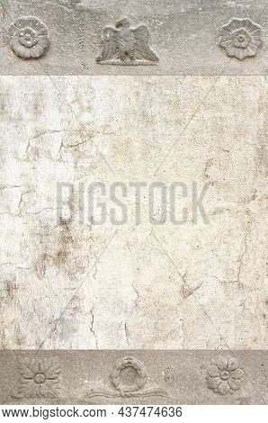 Retro background with ancient carved roman ornament with eagle and flowers. Vertical banner with stone bas-relief. Mock up template. Copy space for text