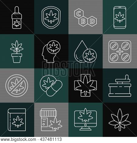 Set Line Marijuana Or Cannabis Leaf, Manual Grinder, Medical Pills With Marijuana, Cannabis Molecule