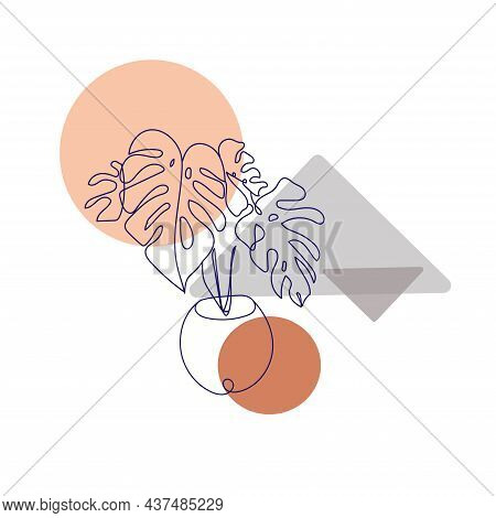Abstract Illustration With A Flower Monstera In A Flowerpot On A Background Of Geometric Shapes.