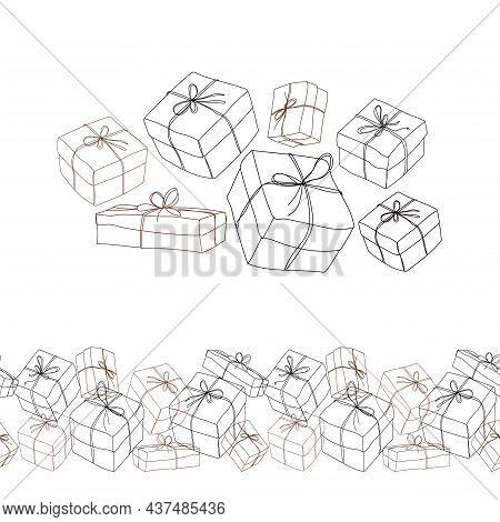 A Set Of Outline Art Gift Boxes Of Different Shapes With A Seamless Border Pattern Isolated On A Whi