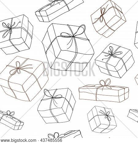 Vector Seamless Pattern Gift Boxes Parcels Isolated White Background Drawn Modern Outline Style