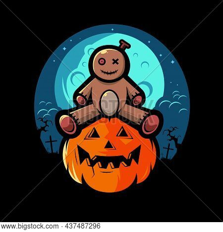 A Cute Halloween Voodoo Doll Sitting On A Pumpkin