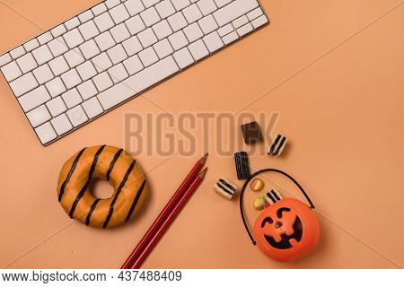 Holiday Halloween Home Office Workplace With Small Jack-o-lantern Pumpkin Basket With Candy White Ke