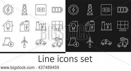 Set Line Electric Car, Solar Energy Panel, Electrical Outlet, Eco Fuel Canister, Smart House And Lig